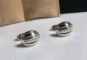 正規良 激レア! ブルガリBVLGARI ロゴ文字オーバル立体ラインカフス ブランドアイコン カフリンクス シルバー925 ラウンドボタン 付属有〇