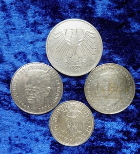 アンティークコイン★旧貨幣ドイツマルクのセット 5マルク、2マルク2枚（別人物）、1マルク 西ドイツ 古銭