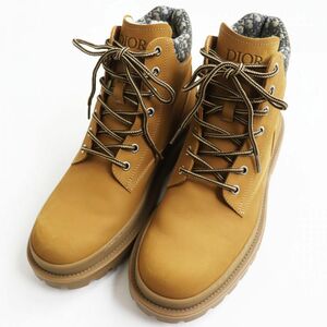 極美品●ディオール オム EXPLORER ANKLE BOOT ヌバックレザー×内側ムートン オブリークジャガード レースアップ ワークブーツ 41 茶 伊製