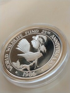 サモア 1986 10タラ銀貨プルーフ 25th World Wildlife Fund-Samoan Fantail bird