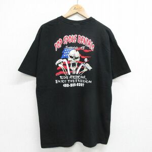 L/古着 ヘインズ 半袖 ビンテージ Tシャツ メンズ 00s スカル バイク ハーレーダビッドソン 大きいサイズ コットン クルーネック 黒 ブラッ