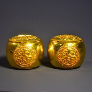 ◆古寳堂◆清 銅製 塗金 長寿罐一對 置物 賞物 極細工 古置物 古擺件 中国古美術 時代物 古董品