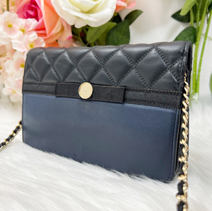 1円スタート CHANEL シャネル ラムスキン マトラッセ チェーンウォレット ショルダーバッグ バイカラー ブラック ゴールド金具 22番台