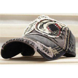 野球帽子 ウォッシュ加工 インパクトあるサメ刺繍ロゴ キャップ 綿 帽子 56cm~58cm メンズ レディース GY＆BKトレンド CJ12-1