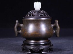 「明代 大明宣徳年製 古銅彫 双耳老銅香薰炉」旧銅器 置物擺件 賞物 中国古美術 旧蔵出