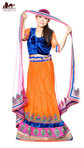 送料無料 ドレス ウェディング レヘンガ (1点物)インドのレヘンガ (青×オレンジ) レンガ サリー