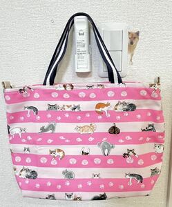 【ハンドメイド】2wayトートバッグ　猫柄　ピンクボーダー