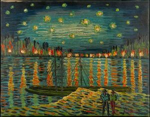●フィンセント・ヴァン・ゴッホ●油絵　手描き《ローヌ川の星月夜》表サイン　画廊シール　F6号　額無　模写/検索(ゴーギャン/モネ)a239
