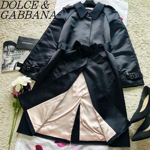 【美品】DOLCE&GABBANA サテンロングコート ウエストリボン付き 42 ドルチェアンドガッバーナ XL ブラック 黒 えり 襟 衿 ステンカラー