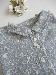 :::ハンドメイド　cotton　flower刺繍チビエリシャツ　チュニック丈　 :::