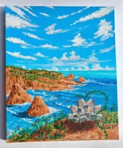 アクリル画 亀甲竜 "多肉植物・塊根植物のある風景画" F3 原画
