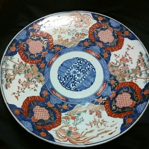 豪華 極上絵付け 古伊万里◆色絵錦大皿 飾り皿 47cm/冨貴長春 鳳凰松竹梅図 四窓/金襴手/江戸時代/検 献上手/sskwart