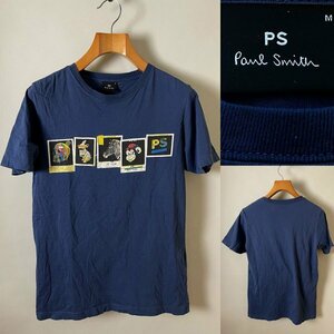 【送料無料 デザインの良い一着です】PS Paul Smith ピーエス ポールスミス 良デザイン コットン100% 半袖 プリント Tシャツ M ネイビー系