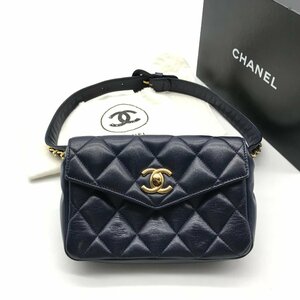 1円 良品 CHANEL シャネル ココマーク マトラッセ ターンロック チェーン ベルト ウエスト バッグ ネイビー a3346