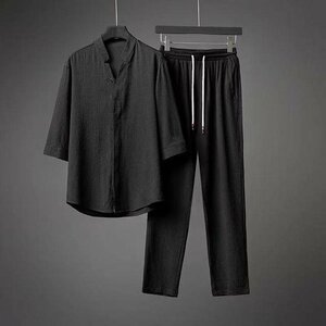 夏 Tシャツ ロングパンツ 部屋着 パンツ メンズ ルームウェア 涼しいセットアップ 上下セット ブラック L mzm63