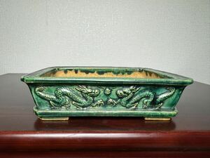 盆栽鉢、初期相羽鴻陽、浮き彫龍の図、時代あり、長方鉢