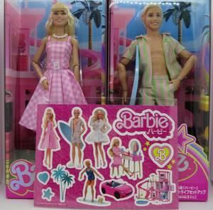 送料￥710～★バービー(Barbie) 映画「バービー」 ギンガムドレス　＆　ケン ストライプセットアップ　ドール2体 ＆ 映画ステッカーセット