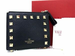 1円 ■極美品■ VALENTINO GARAVANI ヴァレンティノ ガラヴァーニ ロックスタッズ レザー 二つ折り 財布 ウォレット ブラック系 FA4941