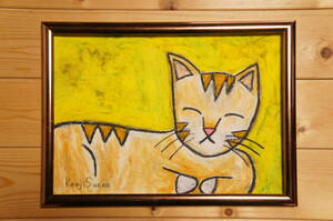 【茶トラ】手描き 肉筆 クレヨン画 絵画 A4サイズ 668,Crayon painting, oil pastel painting, original art,ネコ,猫,ねこ