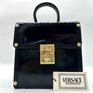 2214 極美品 付属品完備● Versace ヴェルサーチ バニティボックス ハンドバッグ サンバースト ゴールド金具 ミラー ポーチ コスメ レザー