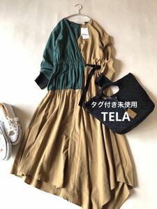 タグ付き未使用♪テラTELA 大人可愛いウエストドロストリボンイレギュラーバイカラーイレギュラーヘムティアードワンピース♪MADE IN ITALY