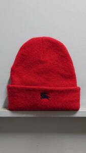 90’s Burberrys イングランド製 ロゴ刺繍 ウール ニット キャップ レッド ニット帽 帽子 英国製