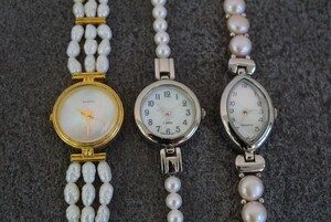 F1274 本真珠 淡水真珠 シェル盤 レディース 腕時計 3点セット アクセサリー クォーツ 大量 まとめて おまとめ まとめ売り 不動品