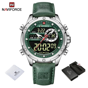 Naviforce メンズ クオーツ 腕時計 9208 高品質 カジュアル スポーツ クロノグラフ ウォッチ レザー バンド 時計 シルバー × グリーン