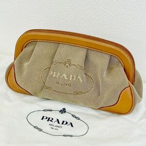 【未使用に近いレア品】PRADA プラダ ジャガード セカンドバッグ クラッチバッグ キャンバス レザー カーキ ブラウン