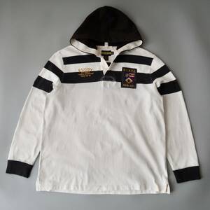 サイズXXL【オールドRALPH LAUREN RUGBY 生成り×黒へヴィーコットン フード付きラガーシャツ】ビンテージビッグサイズラグビーパーカー