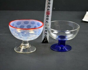 ★昭和レトロ・氷コップ・水玉・無色青台・2点/美品