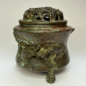 香炉 在印 竹山菜図香炉 ブロンズ 斑紫銅 細密造 香道 香道具 茶道具 煎茶道具 在銘