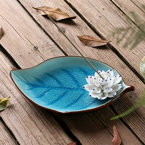 香炉 リーフ 葉 蓮の花 和風 陶器製 (ブルー)