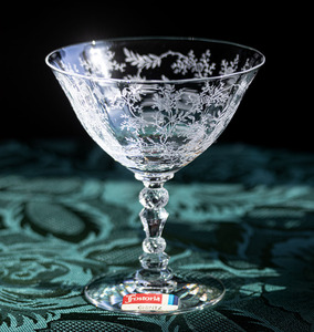 シール付き フォストリア クリスタル チンツ エッチング シャンパン カクテルグラス 酒 バーグラス ビンテージ シャーベットグラス