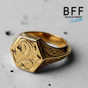 BFF ブランド スクロール マイレ 印台リング スモール 小ぶり ゴールド 18K GP 六角形 専用BOX付属 (12号)