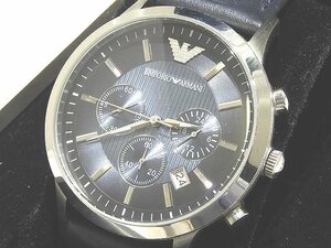 良品 EMPORIO ARMANI エンポリオ アルマーニ メンズ クロノグラフ クォーツ 時計 ☆ AR-2473 シルバーSS ネイビー系 レザー ▼ クト00/6B