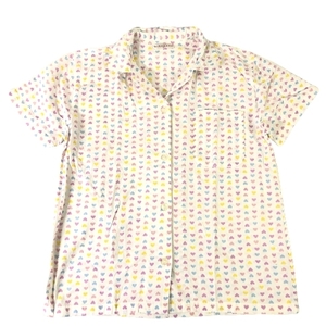 CURIOUS レディース 半袖 ハート柄 パジャマ ナイトウェア 上下 白 ピンク 青 黄 M やや美品 送料185円