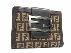 1円 ■美品■ FENDI フェンディ ズッカ柄 ズッキーノ キャンバス×レザー 二つ折り 財布 ウォレット 札入れ 小銭入れ ブラウン系 AZ1452