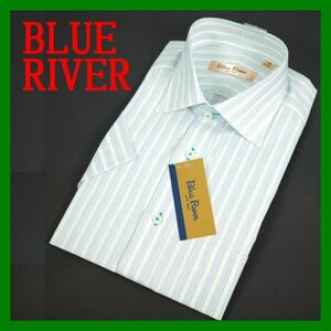 BLUE RIVER半袖 セミワイドカラーシャツ 38 ストライプ 綿グリーン