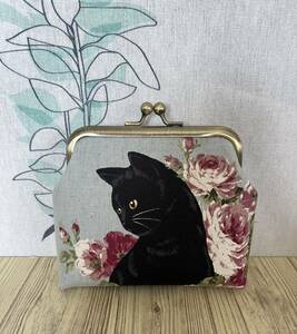 がま口 / ポーチ / 財布 / 小物入れ / ハンドメイド☆黒猫＆薔薇・ブルーグレー12