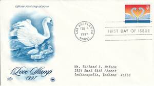 【ＦＤＣ】ラブ切手：白鳥（１９９７年）（アメリカ）実逓　t4297