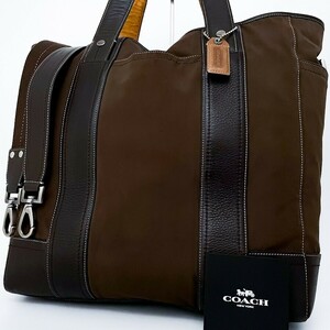 1円〜■美品■COACH コーチ 超大容量 トートバッグ ビジネス 旅行 A4 レディース メンズ レザー 2way キャンバス トラベル ブラウン