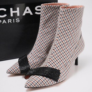 GP8408*定価 12.1万円《ロシャス ROCHAS》チェック ショートブーツ*サイドジップ*ポインテッドトゥ*35(22cm相当)*靴*イタリア製