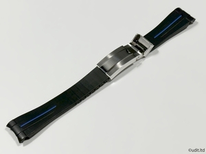 ラグ幅:20mm ハイグレード ラバーベルト ブラック ブルーライン 腕時計ベルト【ロレックス ROLEX 対応 サブマリーナ GMTマスター等に】