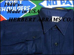 《美品》USA製アメリカ製HERBERT ABRAMS COマチ付ビンテージメルトンウールシャツ30s40s30年代40年代濃紺色ダークネイビーチンスト