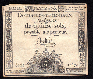 Pick#A54/フランス革命期紙幣 15ソル（1792.1st）アッシニア[1072]
