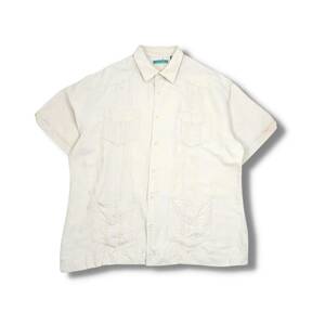 キューバシャツ　メキシカン　刺繍　ベージュ　XL　 BS28　古着　ヴィンテージ　メキシコ　半袖　シャツ　開襟　オープンカラー　