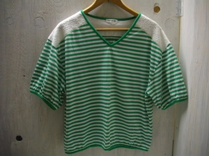 【美品】CLEF DE SOL クレドソル カットソー Tシャツ ５分袖 五分袖 ボーダー 緑色 緑 レース 白色 白 Lサイズ