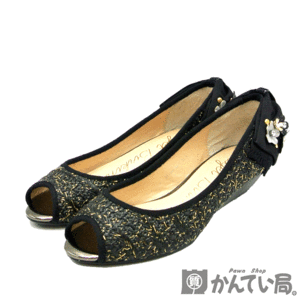 17561 NINE WEST【ナインウエスト】パンプス ローヒール 花 リボン ツィード 黒 ブラック 靴 レディース 表記サイズ:23.5cm【美品】