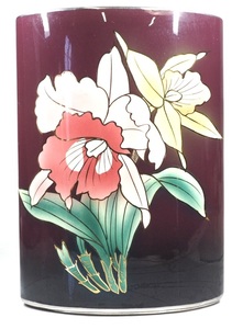 上品な色合いと美しい花の装飾が魅力的な逸品！昭和ビンテージ 富士七宝陶器 「カトレア」花瓶 花器 1980年代 KEN512